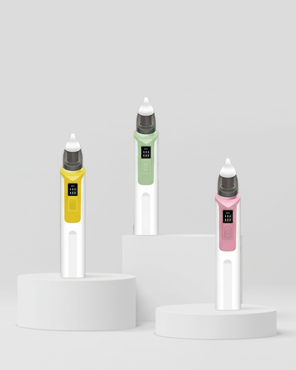 Three electronic devices on white stands with a light gray background