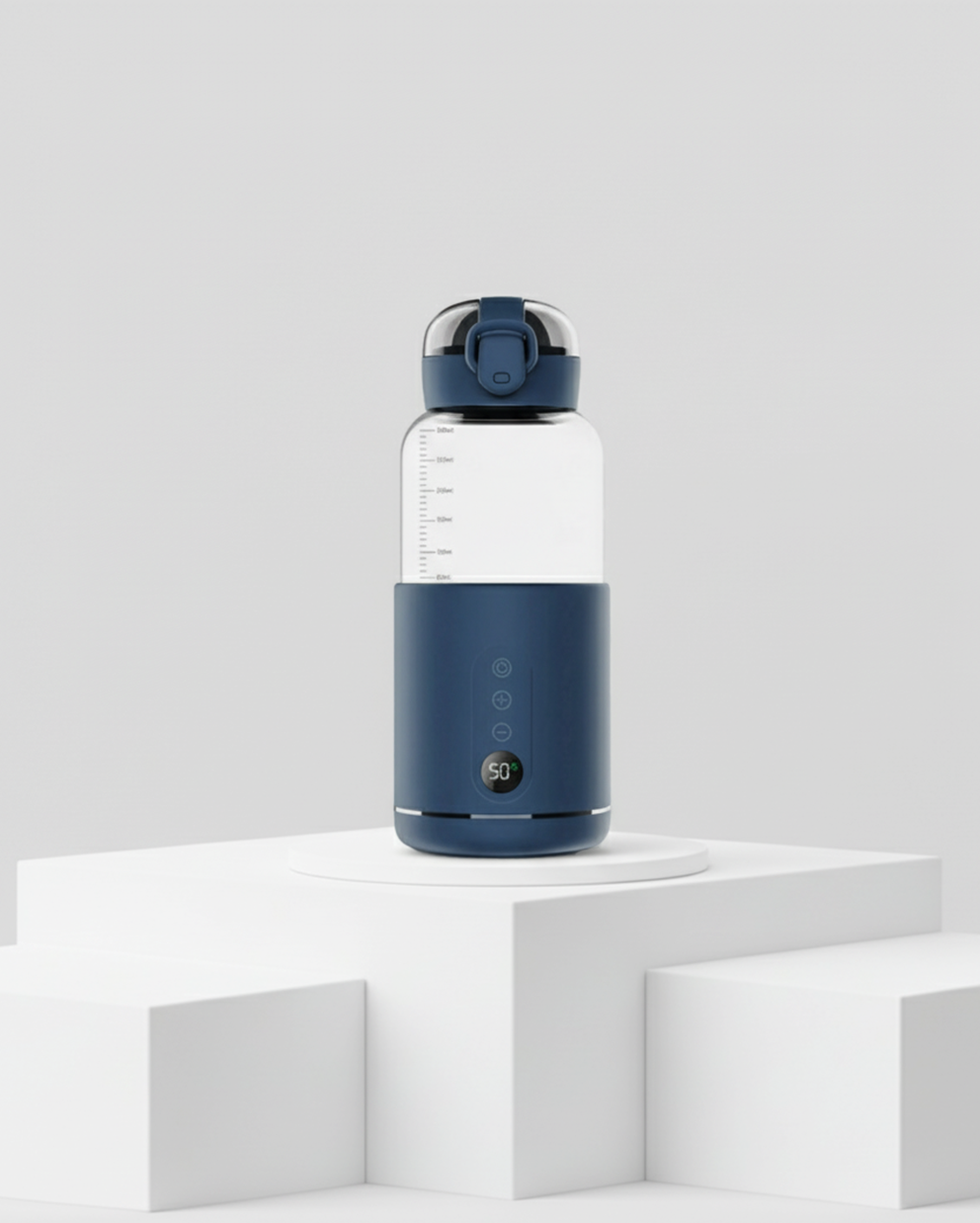 Blue and clear water bottle with measurement markings on a white background