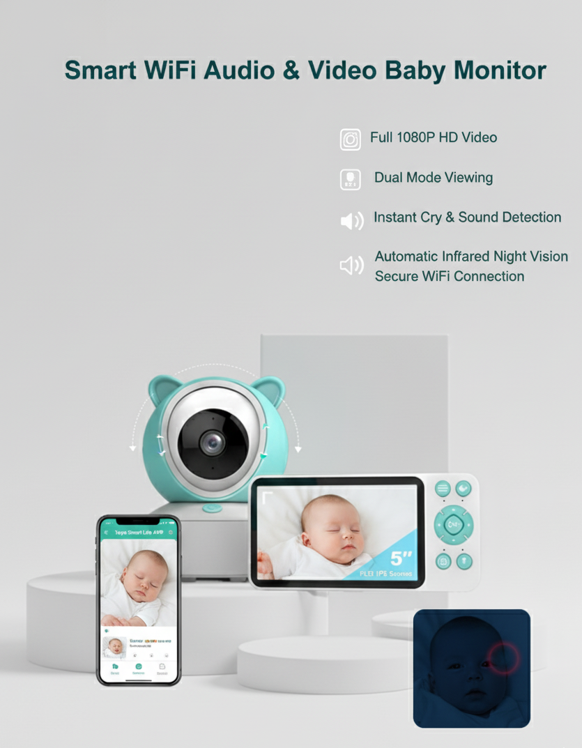 Smart WiFi Audio & Video Baby Monitor with multiple display options on a light gray background