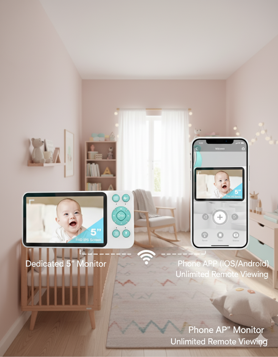 PTZ WiFi Baby Monitor 1080P with 5" LCD & Cry Sound Alert